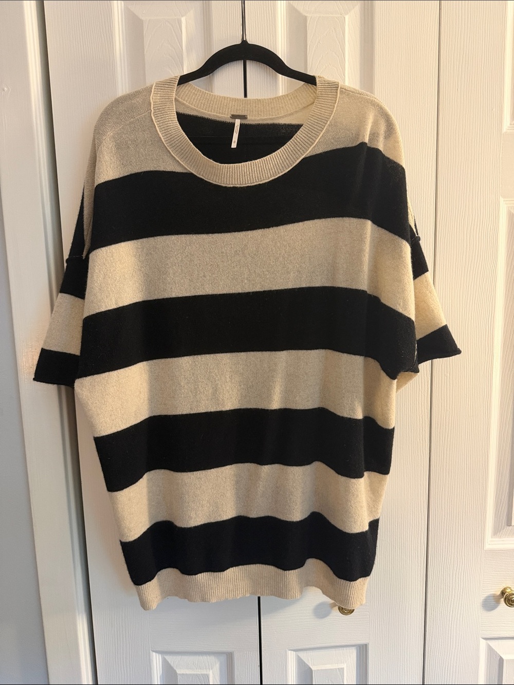 Free People Black and Cream Striped Short Sleeve Sweater